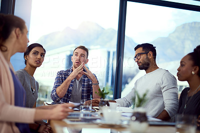 Buy stock photo Business team, meeting and leadership conversation with teamwork, collaboration and problem solving. Communication, boardroom and planning with public relations staff in an office with people