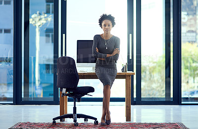 Buy stock photo Portrait, business and black woman with arms crossed, modern office and confidence with employee, tech or proud. Serious, African person or entrepreneur with computer or career ambition in workplace