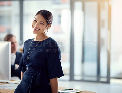 Buy stock photo Business, woman and happy portrait in office with confidence for creative intern and copywriting career. Employee, person and face with smile for startup agency, pride and mockup space by workspace