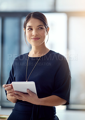 Buy stock photo Business woman, thinking and innovation with tablet for research, inspiration or vision at office. Female person, analyst or employee with smile in wonder or thought for online search at workplace