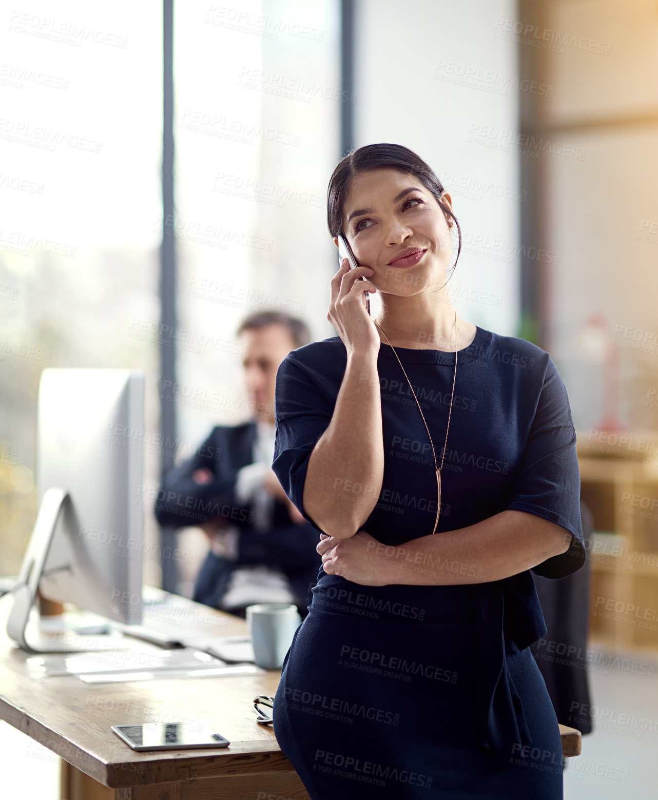Buy stock photo Happy woman, secretary and thinking with phone call at office for business discussion or help. Young female person, employee or assistant with smile in wonder, conversation or proposal at workplace