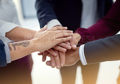 Buy stock photo Stack, diversity and hands of business people in office for support, agreement and collaboration. Professional, corporate and men and women with gesture for teamwork, huddle and staff solidarity