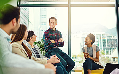 Buy stock photo Cropped shot of a group of colleagues having a discussion in an office