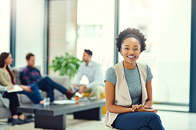 Buy stock photo Black woman, portrait and leader in office, employee and confident at startup company or agency. Female person, management pride and mentor smile in workplace, professional and happy for business