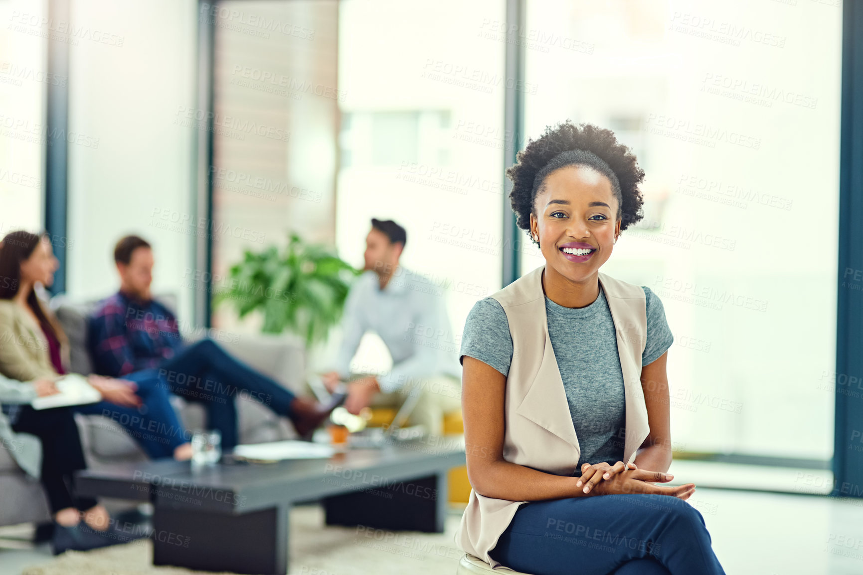 Buy stock photo Black woman, portrait and leader in office, employee and confident at startup company or agency. Female person, management pride and mentor smile in workplace, professional and happy for business
