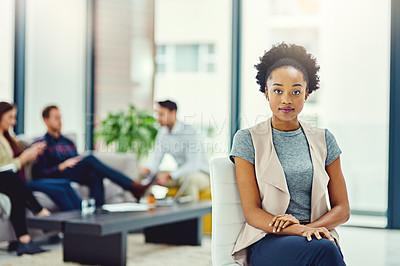 Buy stock photo Black woman, portrait and manager in office, employee and confident at startup company or agency. Female person, leadership pride and mentor team in workplace, professional and serious for business