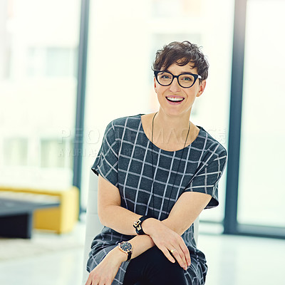 Buy stock photo Woman creative, smiling and portrait in office with glasses for confidence, vision and career. Female person, proud and positive in workplace with specs for ambition, success and development in city