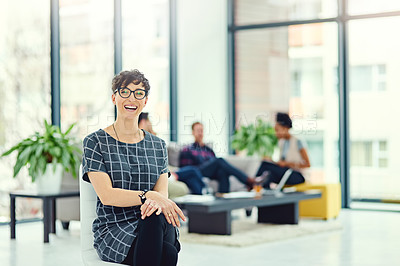 Buy stock photo Business woman, portrait and leader in office, employee and confident at startup company or agency. Female person, management pride and mentor smile in workplace, professional and happy for career