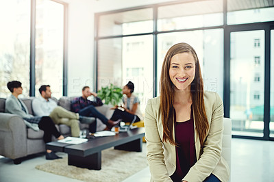 Buy stock photo Woman, portrait and leader in workplace, employee and confident at startup company or agency. Female person, management pride and coach smile in office, professional and happy for global business