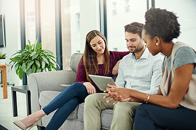 Buy stock photo Teamwork, discussion and employee with tablet on sofa for information, collaboration and conversation in office. Planning, ideas and workers with touchscreen or technology for startup project