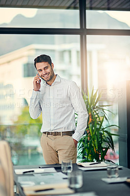 Buy stock photo Happy, businessman and phone call in boardroom for connection, networking and communication. Smile, male person or employee with smartphone for discussion, contact and conversation with lens flare