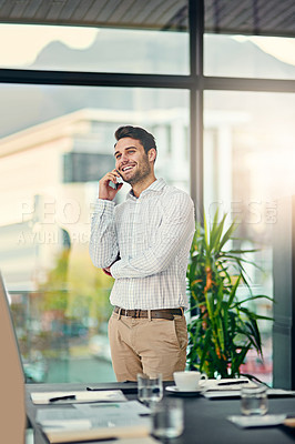 Buy stock photo Phone call, smile and businessman in office for communication with corporate b2b deal for startup. Happy, talking and professional male lawyer on mobile discussion for policy review in workplace.