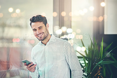 Buy stock photo Happy, news and portrait of businessman with phone announcement of investment, deal or feedback. Investor, smile and app on smartphone with stocks, economy info and contact client with opportunity