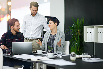 Buy stock photo Business, people and teamwork at boardroom with laptop for meeting on collaboration and discussion. Office, strategy and smile in startup company for planning, report and feedback as partners