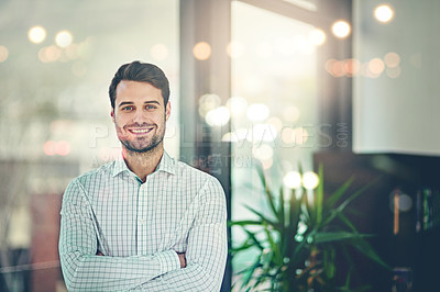 Buy stock photo Portrait, businessman and confidence in office with ambition for company success, lens flare and professional goals. Male employee, pride and manager in workplace for business development and career