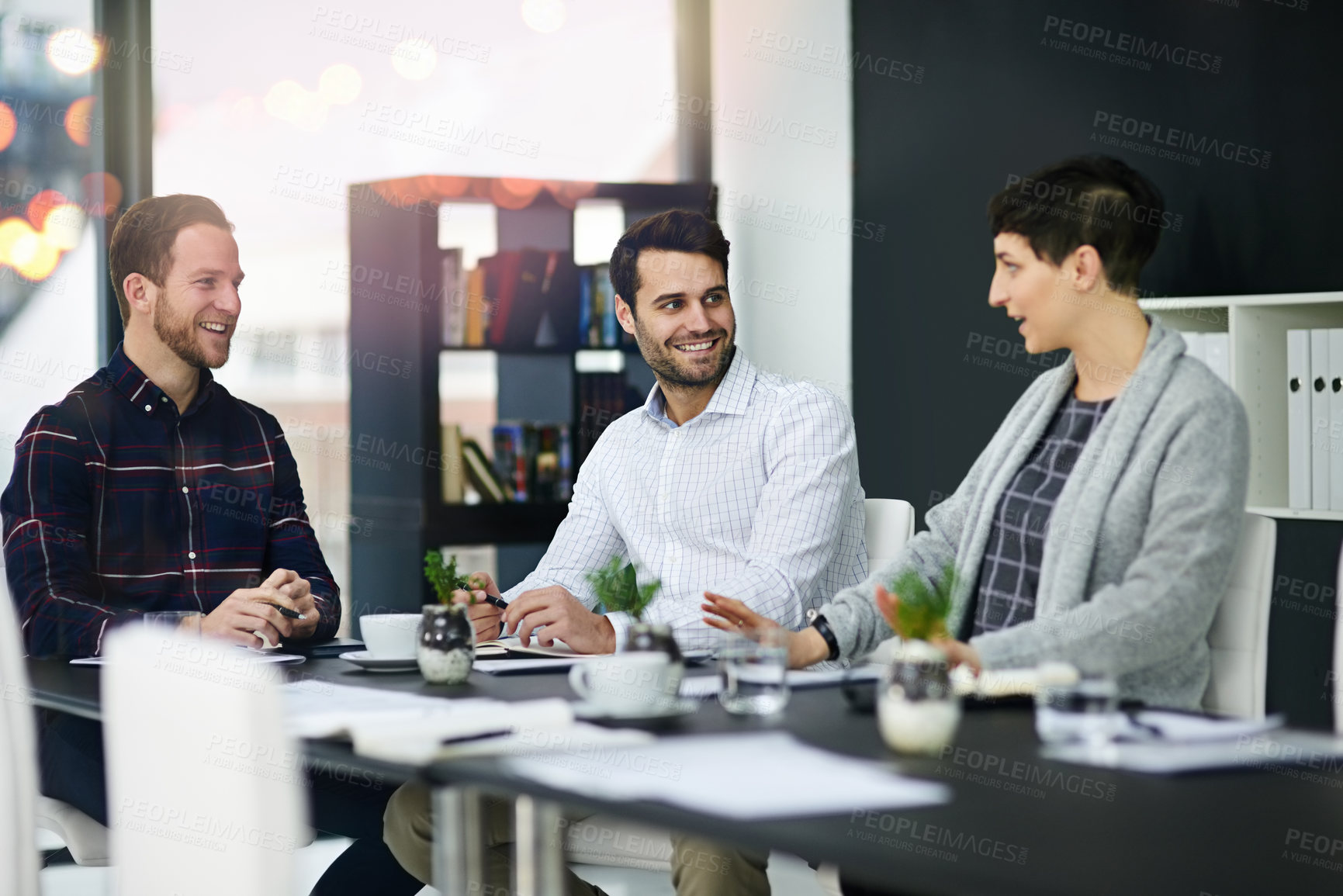 Buy stock photo Team work, conversation and meeting with office desk, collaboration and company project. Employee, together and discussion for information, coworking and professional people for brainstorming idea