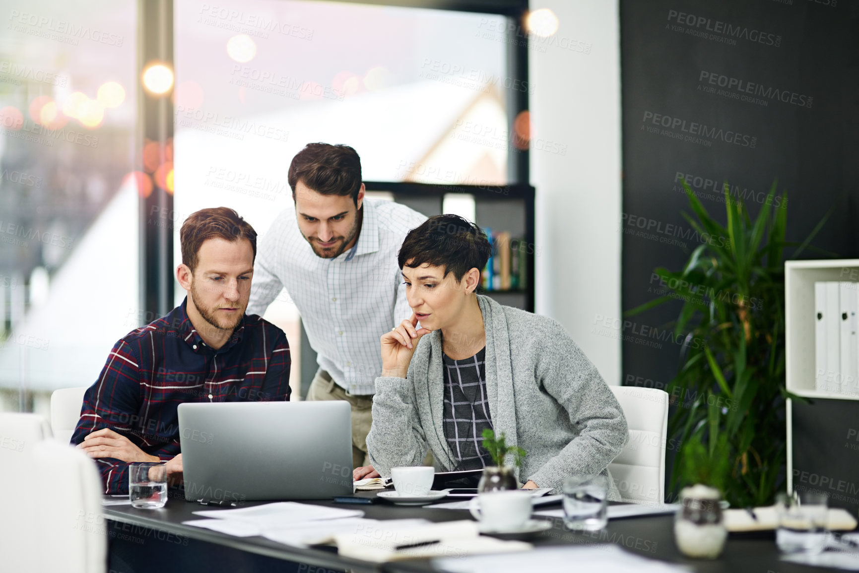 Buy stock photo Business, people and meeting in boardroom with laptop for discussion on teamwork, collaboration on project. Office, strategy and ideas in startup company with reviews, report and feedback for growth