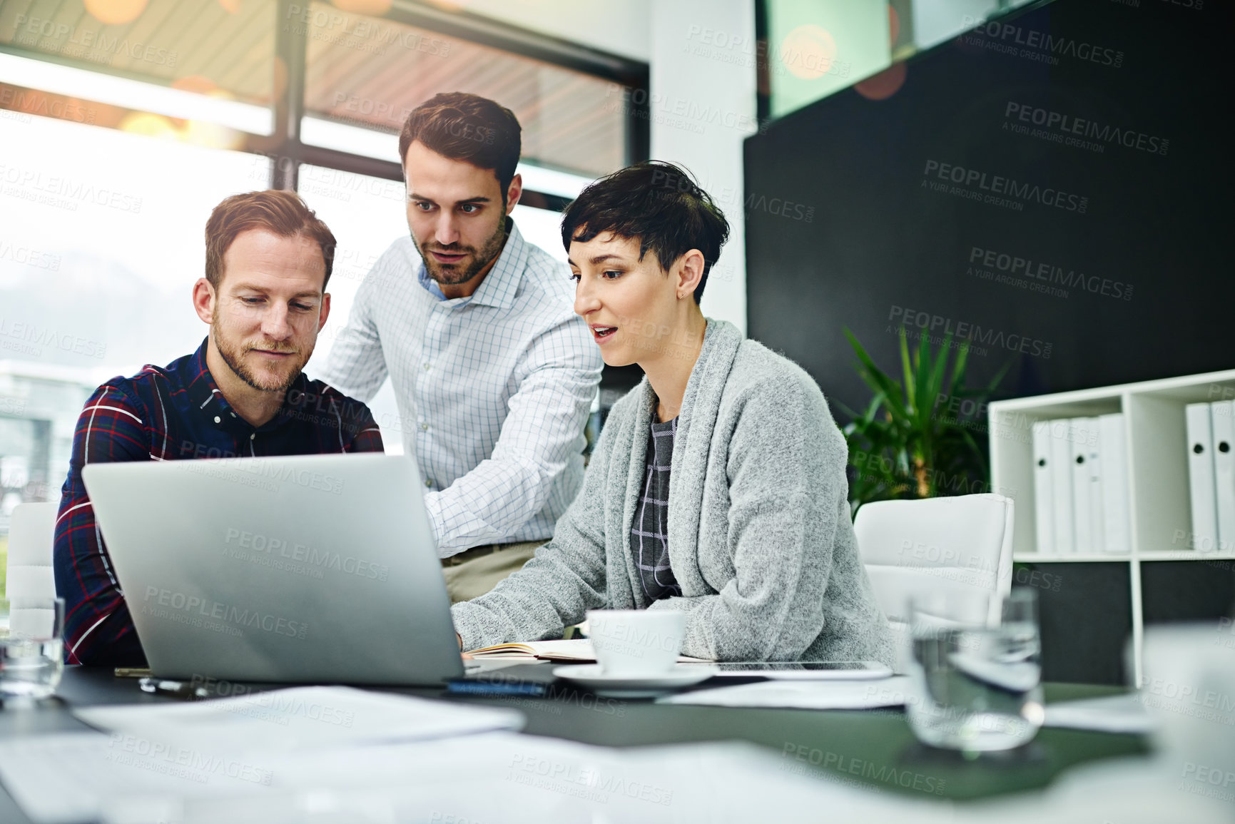 Buy stock photo Business, people and discussion at boardroom with laptop for meeting on teamwork, collaboration on project. Office, strategy and startup company for achievement, report and feedback with partnership