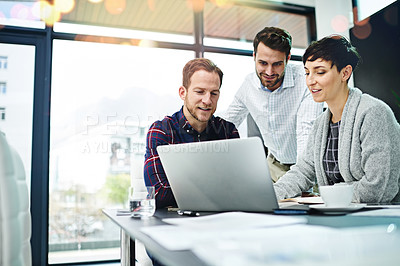 Buy stock photo Business, partners and smile at boardroom with laptop for meeting on teamwork, collaboration on project. Office, strategy and happy in startup company for planning, report and feedback as partners