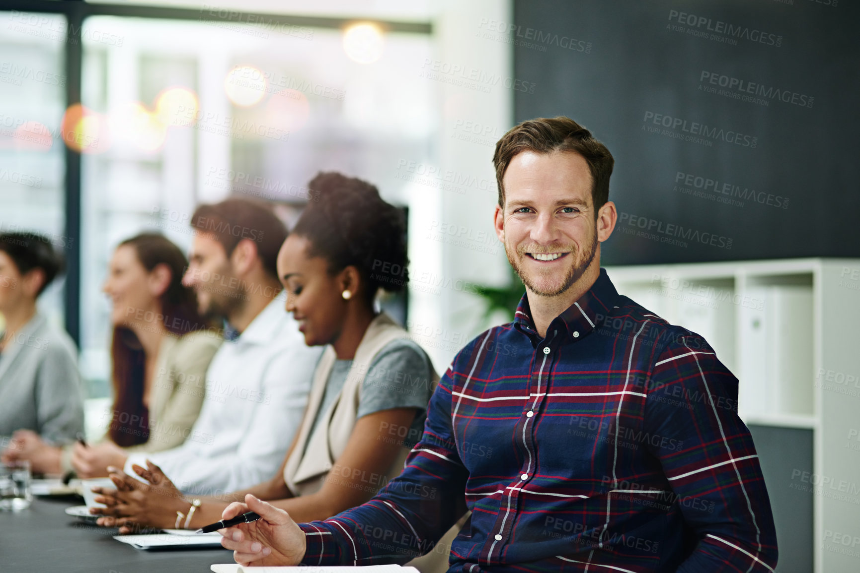 Buy stock photo Portrait, business people and man in meeting, cooperation and corporate professional with teamwork, collaboration or smile. Face, staff or employees with brainstorming, deadline or schedule with idea