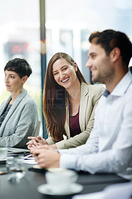 Buy stock photo Woman, meeting and portrait with team for support, partnership and brainstorming in office. Business people, group or colleagues happy in work place for planning, communication and collaboration