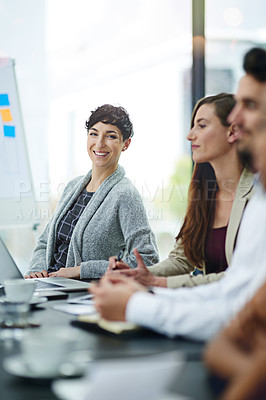Buy stock photo Collaboration, business people and meeting in office for conference, seminar or workshop on corporate training. Lens flare, diversity and group of employees for professional, onboarding or planning