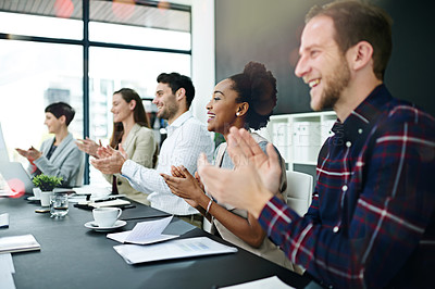 Buy stock photo Clapping hands, presentation and business people in office boardroom for finance seminar or team building. Applause, collaboration and group of financial advisors at corporate workshop or meeting.