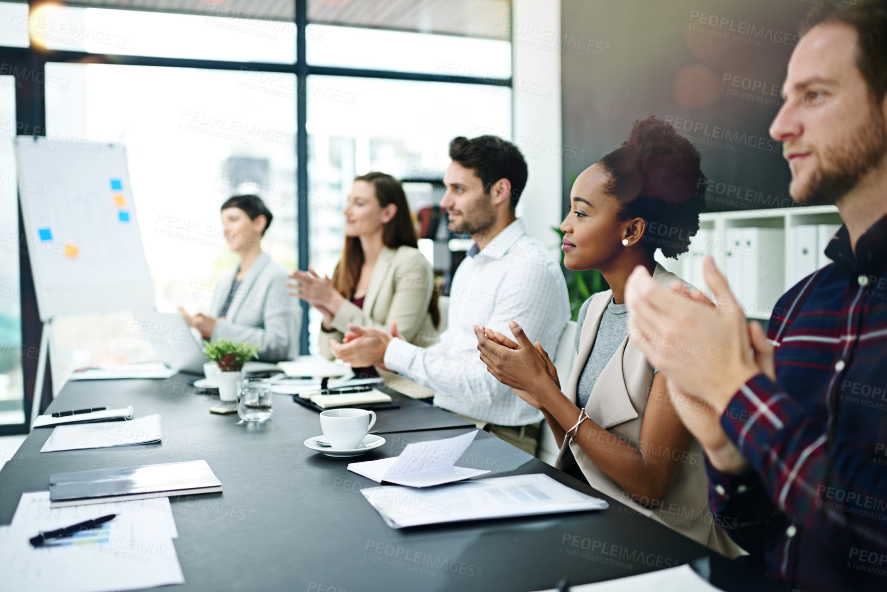 Buy stock photo Applause, presentation and business people in office boardroom for finance seminar or team building. Clapping hands, collaboration and group of financial advisors at corporate workshop or meeting.