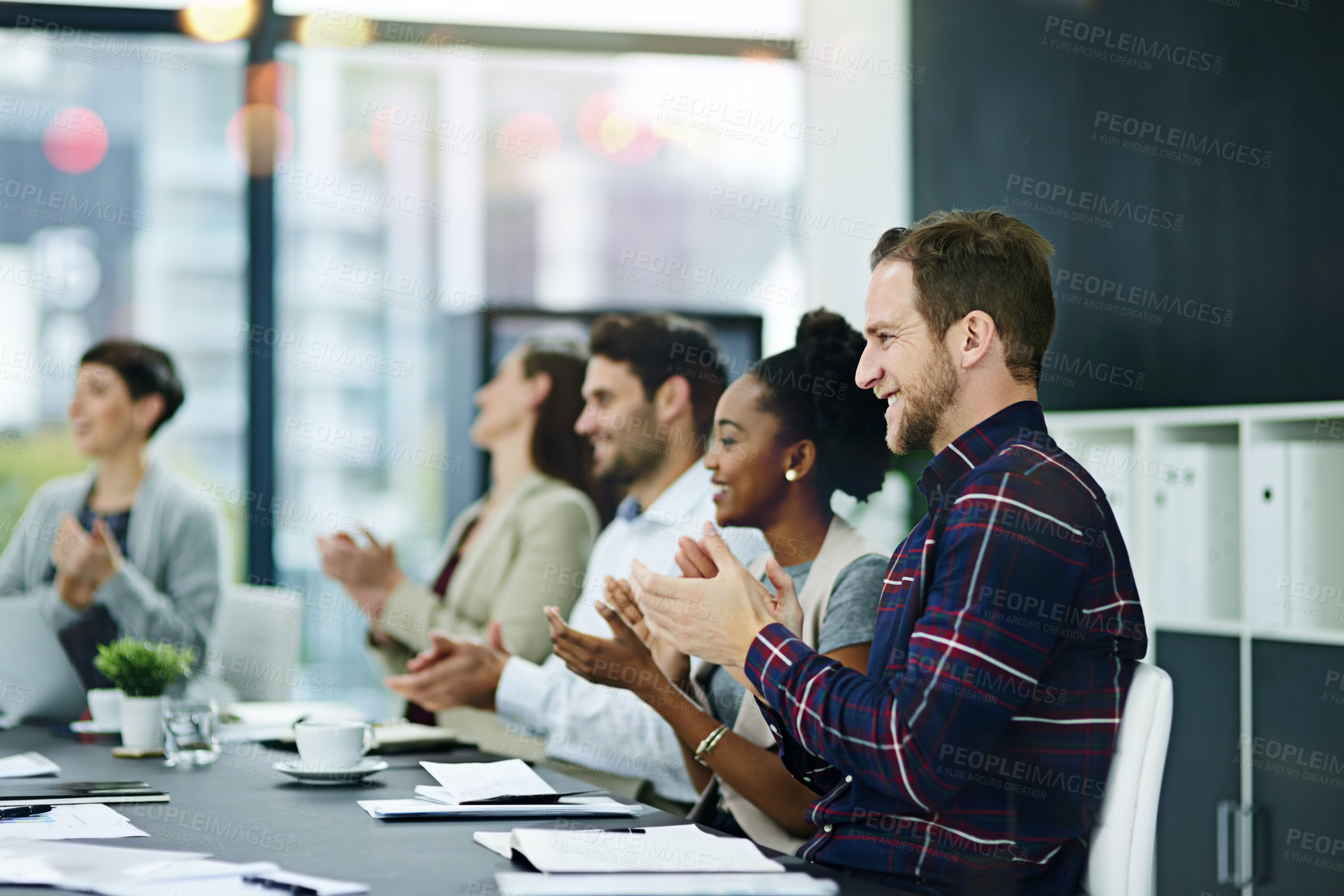 Buy stock photo Clapping hands, team building and business people in office boardroom for finance seminar or presentation. Applause, collaboration and group of financial advisors at corporate workshop or meeting.