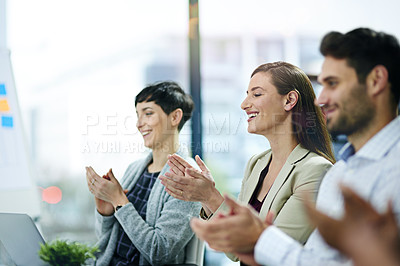 Buy stock photo Clapping hands, meeting and business people in office boardroom for finance seminar or team building. Applause, collaboration and group of financial advisors at corporate workshop or presentation.
