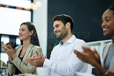 Buy stock photo Conference, applause and business people in office boardroom for finance seminar or team building. Clapping hands, collaboration and group of financial advisors at corporate presentation or meeting.