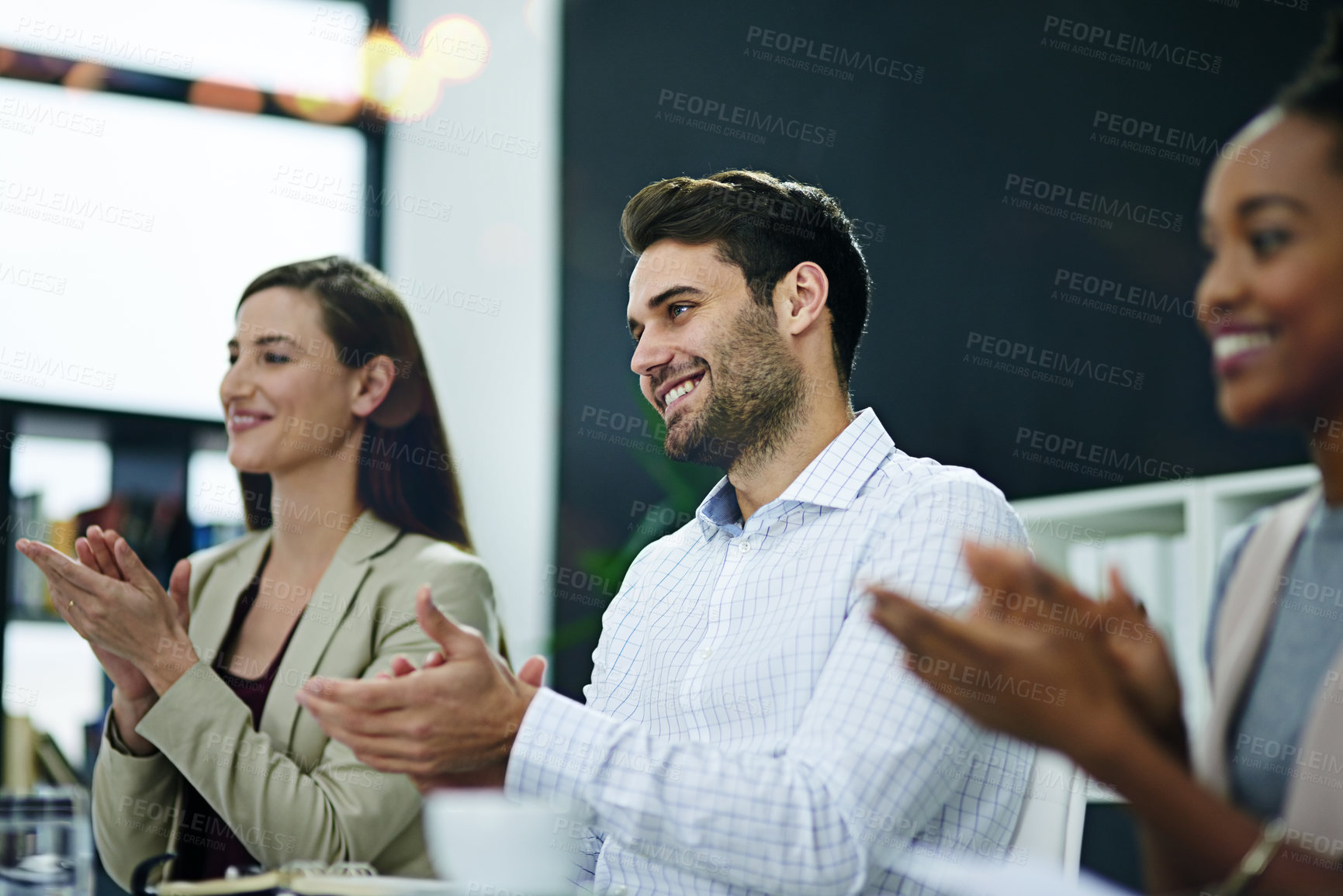 Buy stock photo Conference, applause and business people in office boardroom for finance seminar or team building. Clapping hands, collaboration and group of financial advisors at corporate presentation or meeting.