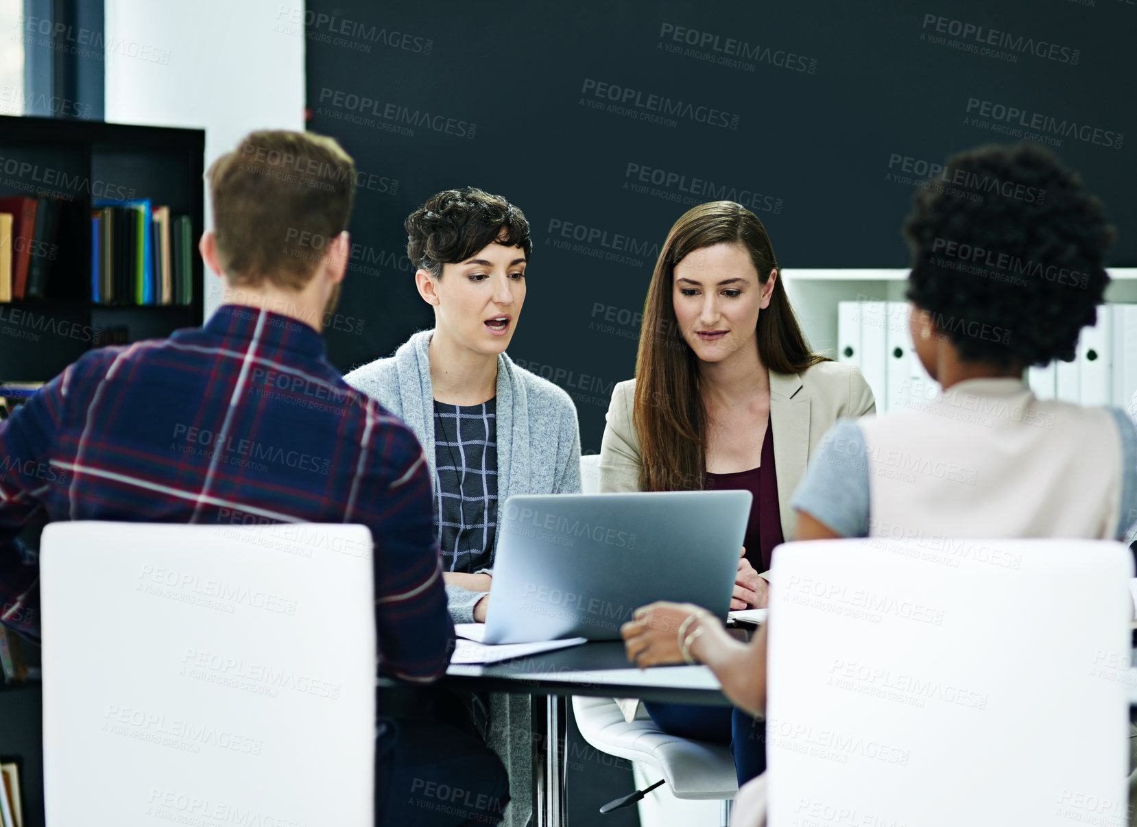 Buy stock photo Team work, laptop and meeting with office desk, collaboration and company project. Employee, together and discussion for information, coworking and professional people for brainstorming idea