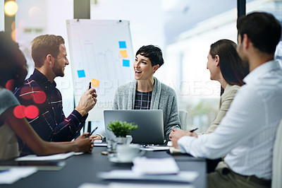 Buy stock photo Team work, presentation and meeting with office desk, collaboration and laptop or brainstorming for online project. Employee, working together and research on tech for info, coworking and company