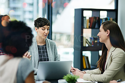 Buy stock photo Teamwork, presentation and meeting with office employee, collaboration and laptop or brainstorming for online project. People, work together and research on tech for info, coworking and company
