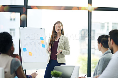Buy stock photo Office, meeting and woman leader in boardroom, conversation and presentation in workplace. Discussion, brainstorm and planning for corporate strategy, collaboration and female person or sales agent