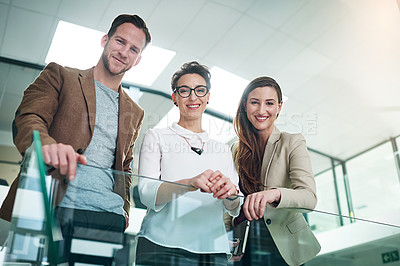 Buy stock photo Business people, portrait and team for picture in office for company website, social media or together. Journalists, man and women with smile for photography, profile post and image in low angle