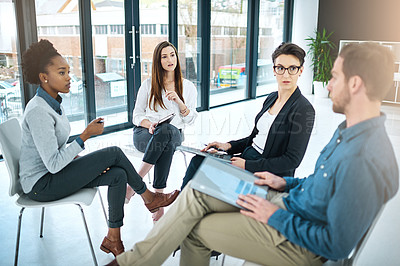 Buy stock photo Business people, documents and meeting in office for brainstorming, collaboration and conversation. Coworkers talking or communication in workplace for teamwork, report and reading proposal together