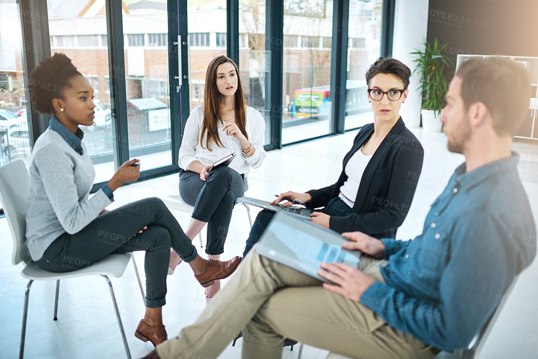 Buy stock photo Business people, documents and meeting in office for brainstorming, collaboration and conversation. Coworkers talking or communication in workplace for teamwork, report and reading proposal together