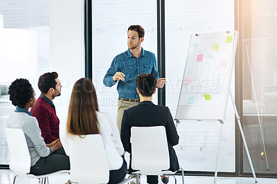 Buy stock photo Presentation, discussion and business people with whiteboard in office for brainstorming, strategy and planning project. Lens flare, diversity and employees for meeting, ideas or teamwork at startup