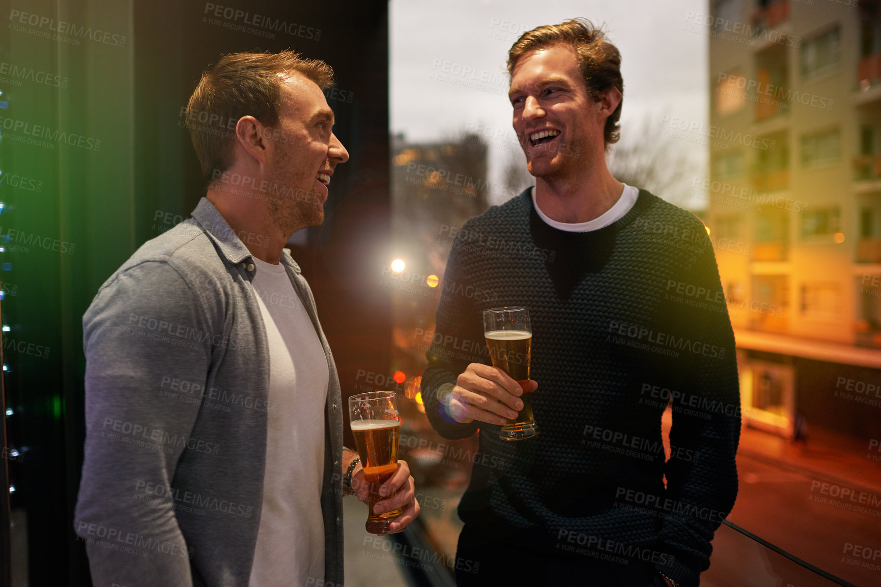 Buy stock photo Smile, men and happy with beer at pub for nightlife, conversation and gathering on weekend. Communication, friends and alcohol with laughing for funny joke, comedy and discussion at restaurant
