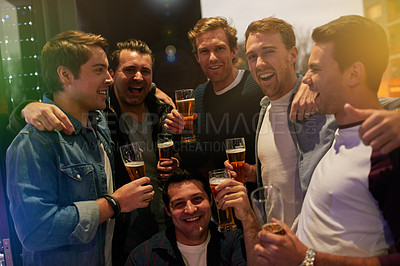 Buy stock photo Men, beers and cheers with friends drinking at club, restaurant or party with happiness. People, alcohol and glasses at pub together for happy hour, conversation or gathering for celebration