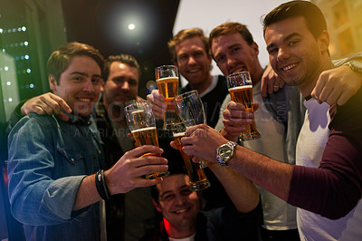 Buy stock photo Men, beers and cheers with friends drinking at social event,  restaurant or party with happiness. People, alcohol and glasses to toast at pub for happy hour, conversation or  celebration together