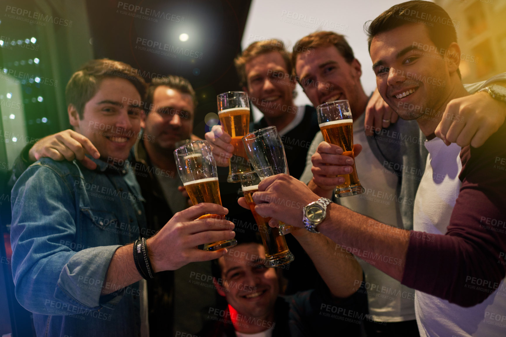 Buy stock photo Men, beers and cheers with friends drinking at social event,  restaurant or party with happiness. People, alcohol and glasses to toast at pub for happy hour, conversation or  celebration together