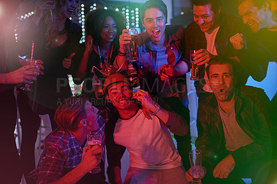 Buy stock photo Cropped portrait of a group of friends drinking and having fun at a party