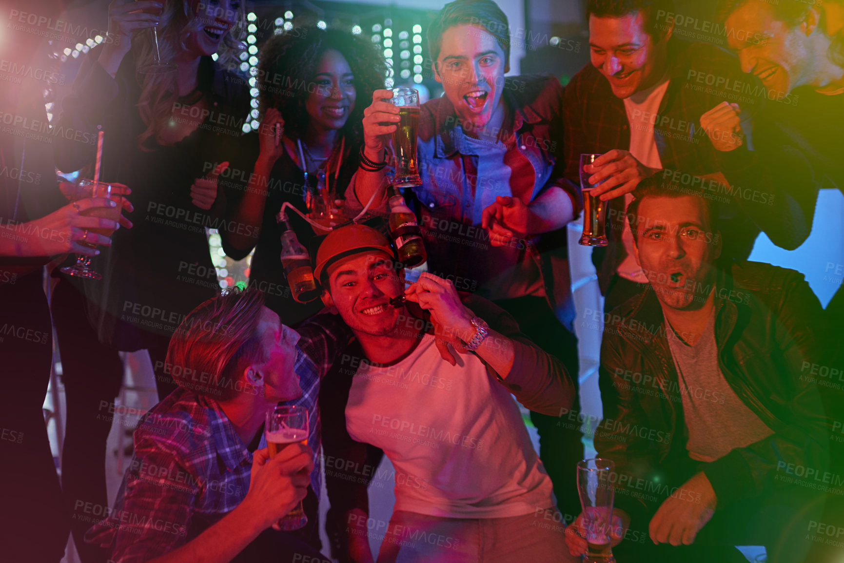Buy stock photo Men, beers and portrait with friends drinking at social event, restaurant or party with happiness. People, alcohol and glasses to toast at pub for happy hour, conversation or  celebration together