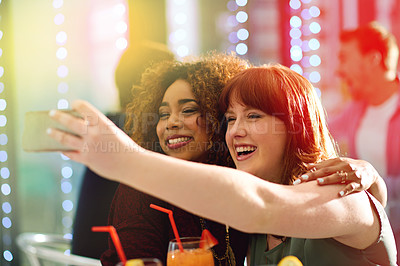 Buy stock photo Women, selfie and cocktail party with lights for girls night with happy hour in London with friends. Social media, memories and alcohol at nightclub for drinks with happiness, smile and weekend.