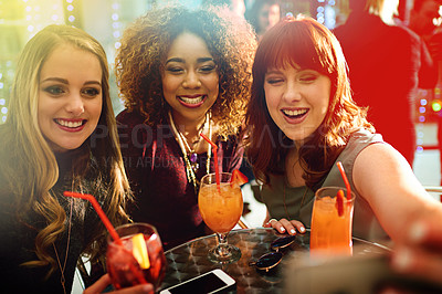 Buy stock photo Woman, friends and drinks or club selfie, diversity and fun with alcohol or cocktails in party for entertainment. Smartphone, happy and online for social media post, technology and celebration