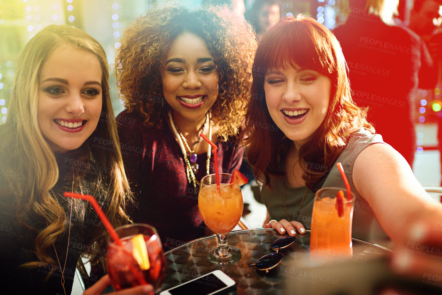 Buy stock photo Woman, friends and drinks or club selfie, diversity and fun with alcohol or cocktails in party for entertainment. Smartphone, happy and online for social media post, technology and celebration