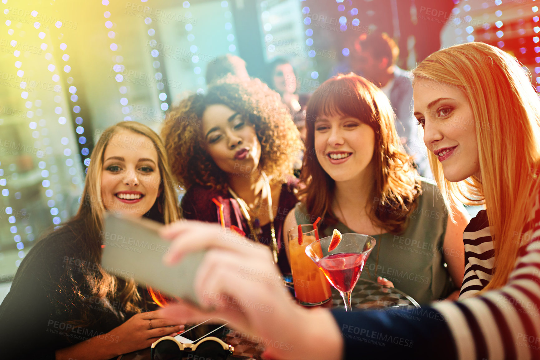 Buy stock photo Woman, friends and drinks or party selfie, diversity and fun with alcohol or cocktails in club for entertainment. Smartphone, happy and online for social media post, technology and celebration
